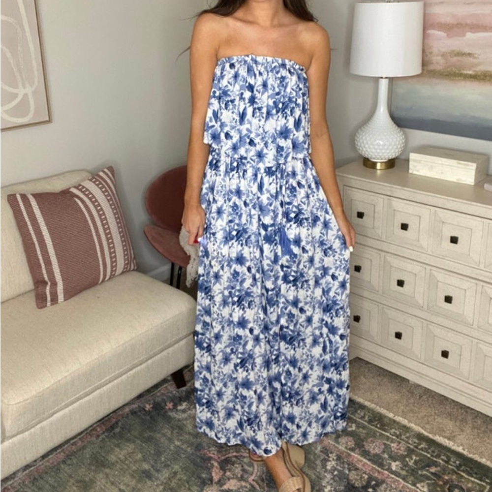 Blue and white, floral print maxi dress